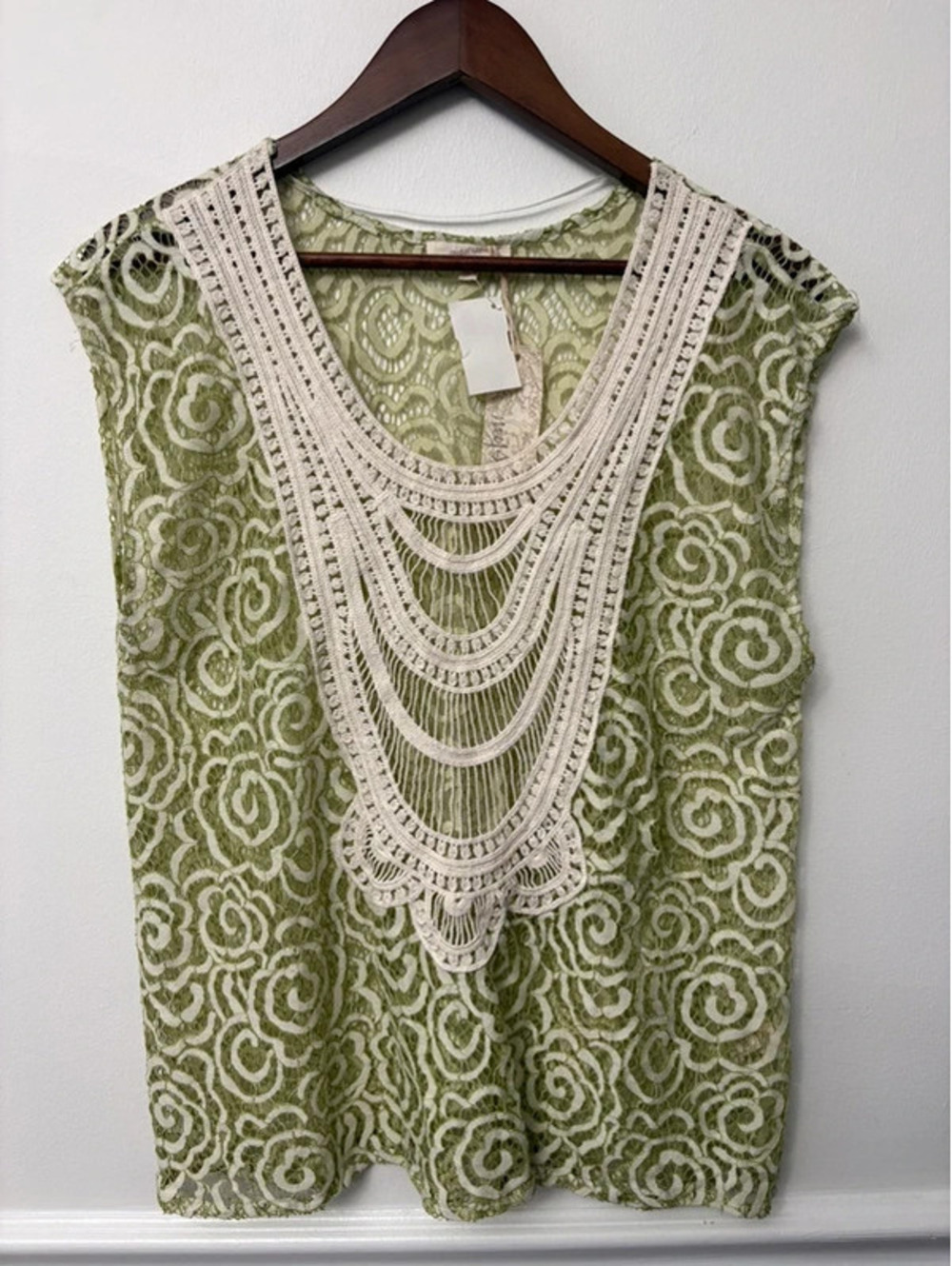 Green Ivory Lace Crochet Boho Top Size M/L